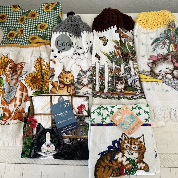 6 Kitty Cat Kitchen Dish Towel Lot Knit Crochet Hanging Cottagecore VTG Kitten - Picture 1 of 13